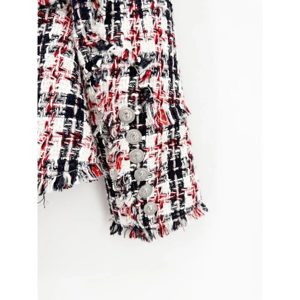 Balmain White Red Navy Silver Lion Button Tweed Blazer Jacket Sz FR 38 US 6 - Picture 3 of 6